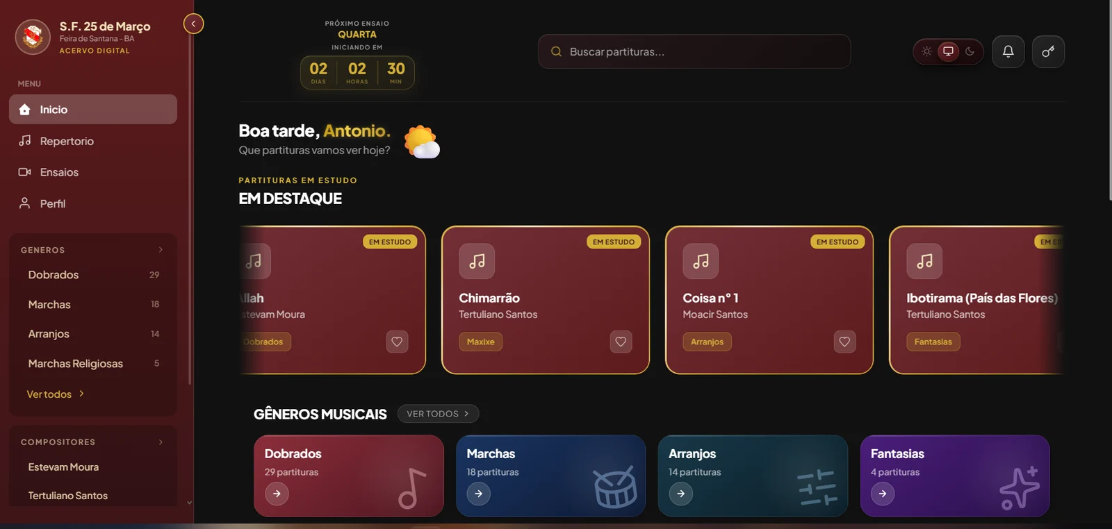 Painel do Acervo Digital com partituras em destaque e gêneros musicais